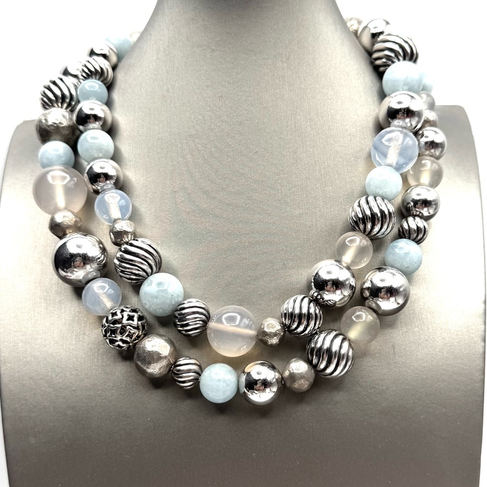 David Yurman Dyed Chalcedony, Quartz Aquamarine and Silver Bead Strand N…